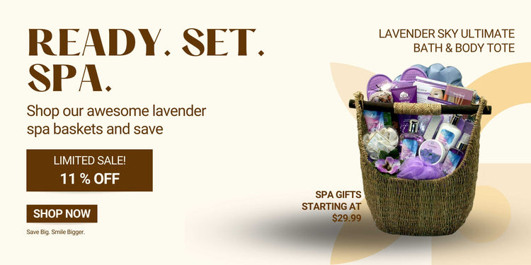 Spa gift banner showing a 11% off on all gift baskets