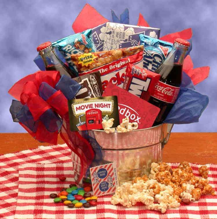 movie night gift basket, redbox gift card, junk food basket, snack gift basket, 