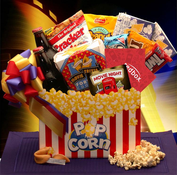 movie night gift basket, redbox gift card, junk food basket, snack gift basket, 